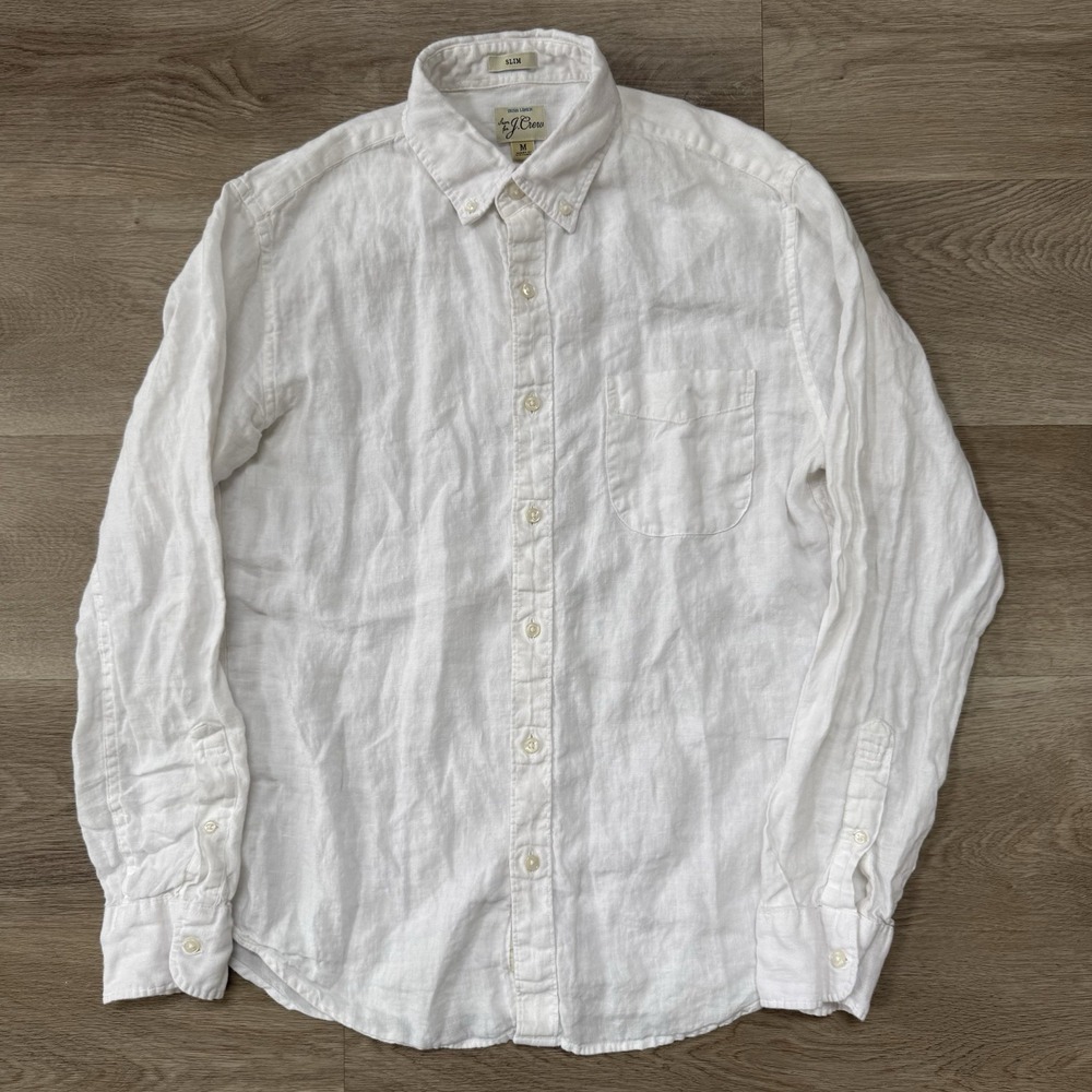 J Crew Irish Linen White Long Sleeve Button Slim Shirt Size Medium Baird McNutt